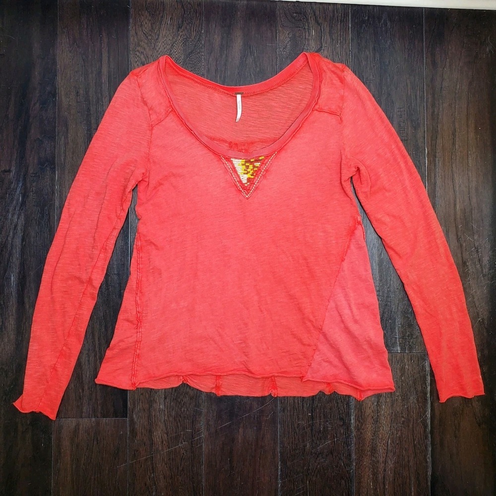 Free People Beaded A-Line Shirt Lightweight Cotton Long Sleeve Women's Medium